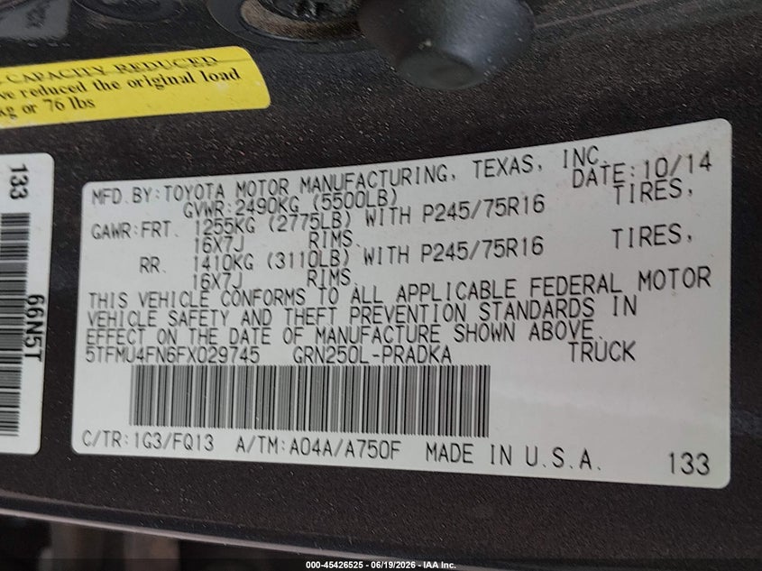 2015 Toyota Tacoma VIN 5TFMU4FN6FX029745 IAAI salvage auction — FRONT END, Salvage (Louisiana), sold $2,650 on 2026-07-15 (photo 9)