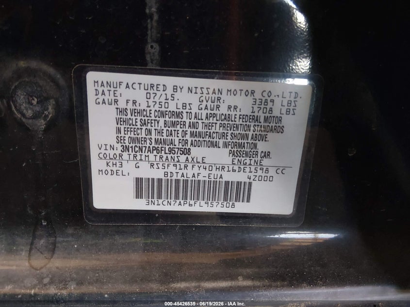 2015 Nissan Versa VIN 3N1CN7AP6FL957508 IAAI salvage auction — REAR END, Salvage (Arizona), sold $1,400 on 2026-07-17 (photo 9)