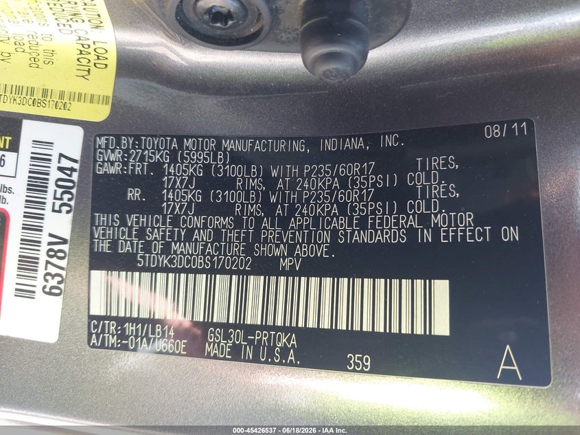 2011 Toyota Sienna VIN 5TDYK3DC0BS170202 IAAI salvage auction — RIGHT FRONT, Salvage (Arizona), sold $1,075 on 2026-07-28 (photo 9)