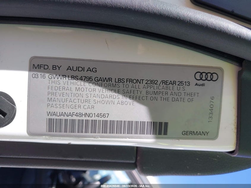 2017 Audi A4 VIN WAUANAF48HN014567 IAAI salvage auction — RIGHT SIDE, Clear (Indiana), sold $3,800 on 2026-07-30 (photo 9)