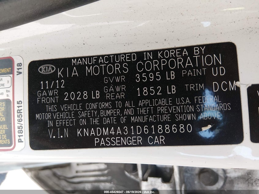 2013 Kia Rio VIN KNADM4A31D6188680 IAAI salvage auction — REAR END, Salvage Title, sold $625 on 2026-07-16 (photo 9)