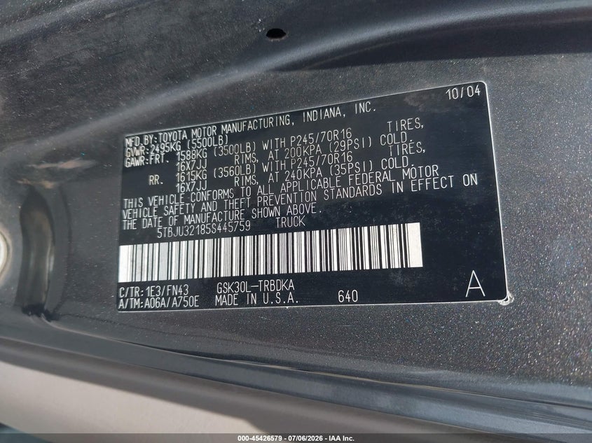 2005 Toyota Tundra VIN 5TBJU32185S445759 IAAI salvage auction — NORMAL WEAR, Clear (Florida), sold $2,050 on 2026-07-29 (photo 9)