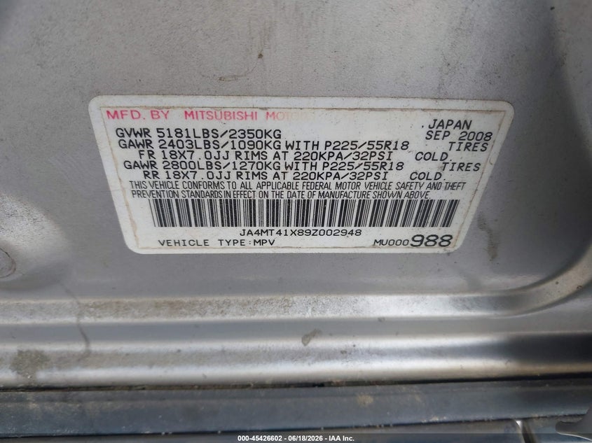 2009 Mitsubishi Outlander VIN JA4MT41X89Z002948 IAAI salvage auction — NORMAL WEAR, Clear (Virginia), sold $400 on 2026-07-17 (photo 9)