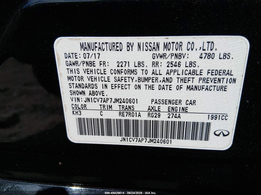 2018 Infiniti Q50 VIN JN1CV7AP7JM240601 IAAI salvage auction — THEFT, Salvage (Georgia), sold $1,500 on 2026-07-24 (photo 9)