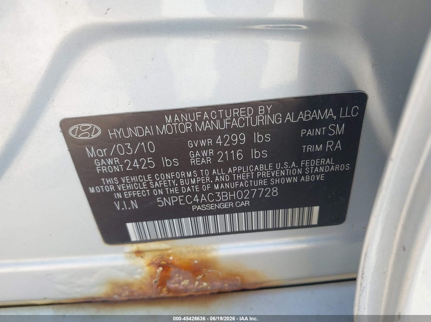 2011 Hyundai Sonata VIN 5NPEC4AC3BH027728 IAAI salvage auction — SIDE, Salvage (Illinois), sold $250 on 2026-07-20 (photo 9)