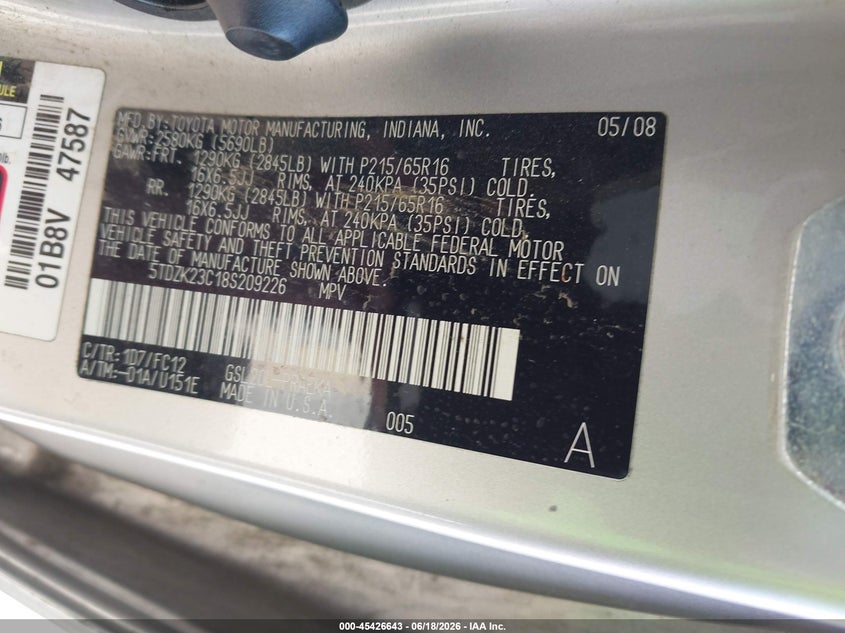 2008 Toyota Sienna VIN 5TDZK23C18S209226 IAAI salvage auction — NORMAL WEAR, Clear - Dealer Only (California), sold $650 on 2026-07-20 (photo 9)