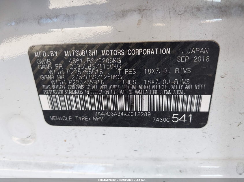 2019 Mitsubishi Outlander VIN JA4AD3A34KZ012289 IAAI salvage auction — FRONT END, Salvage (Arizona), sold $25 on 2026-07-31 (photo 9)