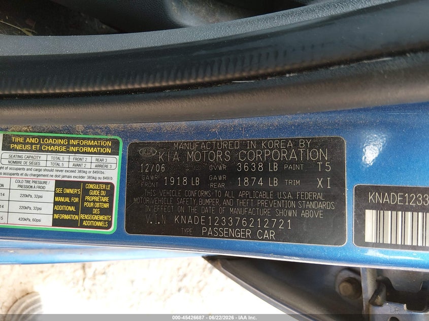 2007 Kia Rio VIN KNADE123376212721 IAAI salvage auction — RIGHT FRONT, Salvage (North Carolina), sold $250 on 2026-07-20 (photo 9)