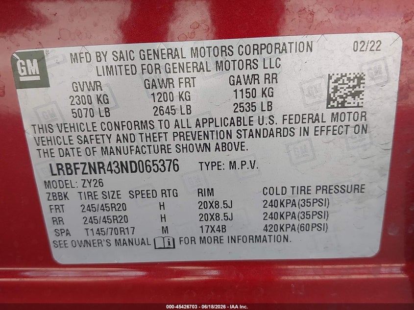 2022 Buick Envision VIN LRBFZNR43ND065376 IAAI salvage auction — REAR END, Salvage Title, sold $4,550 on 2026-07-18 (photo 9)