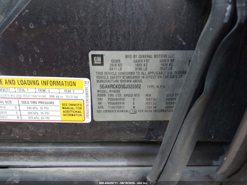2016 Buick Enclave VIN 5GAKRCKD3GJ329362 IAAI salvage auction — FRONT END, Salvage (Louisiana), sold $425 on 2026-07-29 (photo 9)