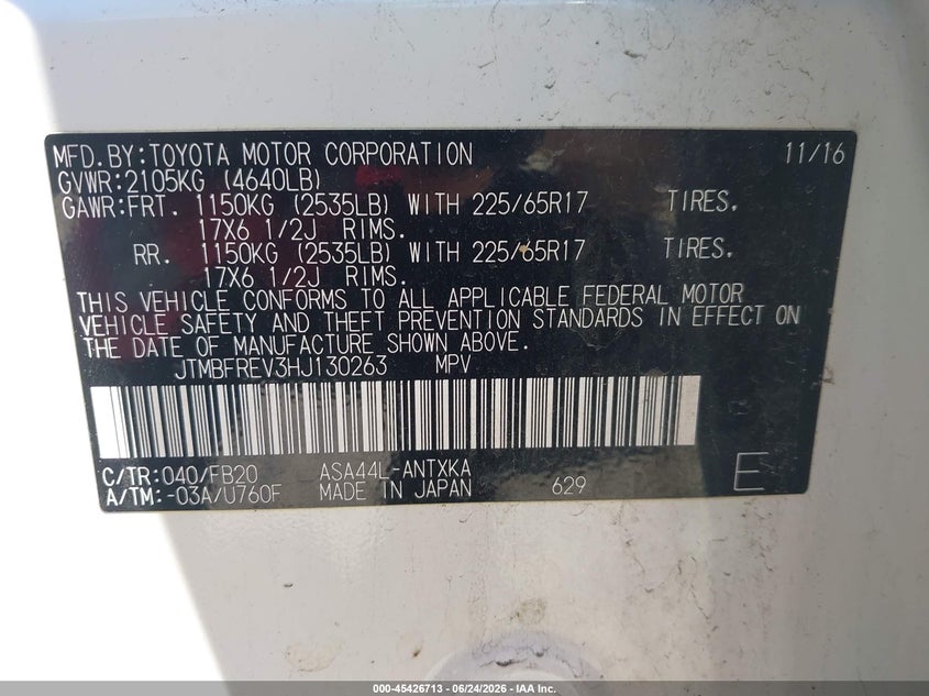 2017 Toyota Rav 4 VIN JTMBFREV3HJ130263 IAAI salvage auction — FRONT & REAR, Salvage (Massachusetts), sold $5,175 on 2026-07-28 (photo 9)