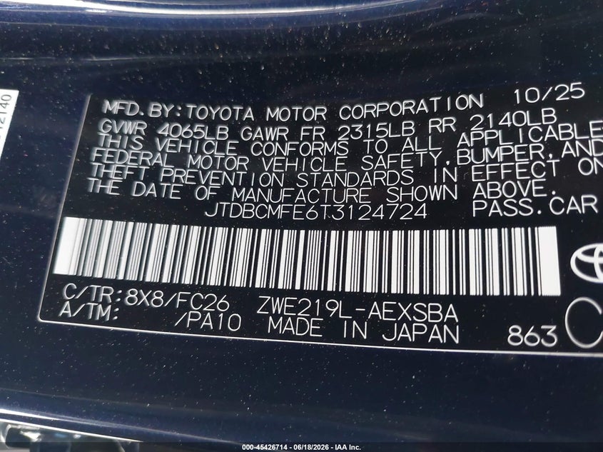 2026 Toyota Corolla VIN JTDBCMFE6T3124724 IAAI salvage auction — LEFT FRONT, Salvage Title, sold $12,700 on 2026-07-16 (photo 9)
