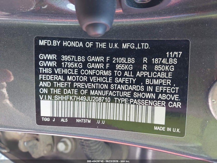 2018 Honda Civic VIN SHHFK7H49JU208710 IAAI salvage auction — FRONT END, Salvage (Idaho), sold $4,225 on 2026-07-14 (photo 9)