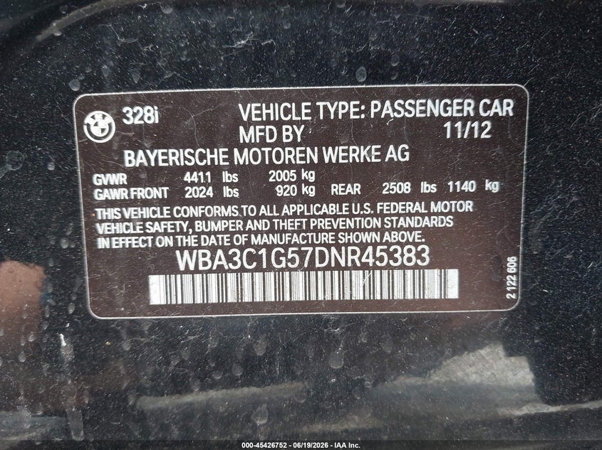 2013 BMW 3er VIN WBA3C1G57DNR45383 IAAI salvage auction — SIDE, Bill Of Sale (Washington), sold $2,250 on 2026-07-15 (photo 9)