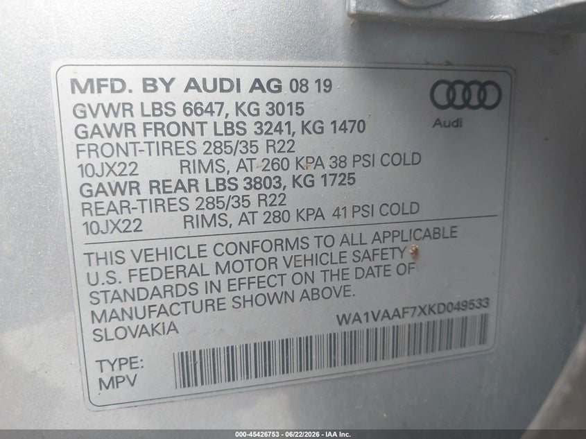 2019 Audi Q7 VIN WA1VAAF7XKD049533 IAAI salvage auction — FRONT END, Clear (Wisconsin), sold $4,625 on 2026-07-20 (photo 9)