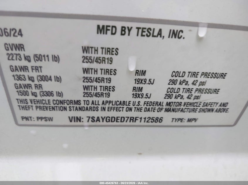 2024 Tesla Model y VIN 7SAYGDED7RF112586 IAAI salvage auction — LEFT FRONT, Salvage (Virginia), sold $8,625 on 2026-07-06 (photo 9)