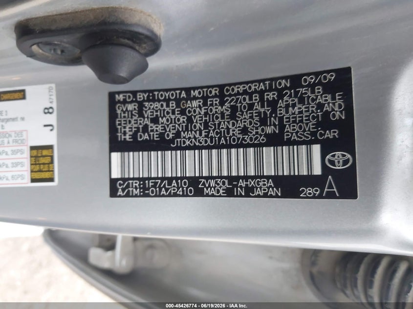 2010 Toyota Prius VIN JTDKN3DU1A1073026 IAAI salvage auction — RIGHT SIDE, Original (Texas), sold $500 on 2026-07-28 (photo 9)