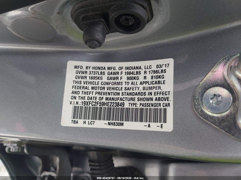 2017 Honda Civic VIN 19XFC2F59HE223849 IAAI salvage auction — FRONT END, Wait Title, sold $925 on 2026-08-30 (photo 9)