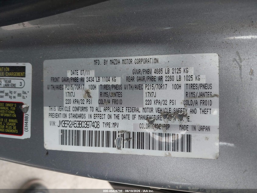 2011 Mazda Cx-7 VIN JM3ER2A53B0397408 IAAI salvage auction — SIDE, Salvage (California), sold $550 on 2026-07-22 (photo 9)