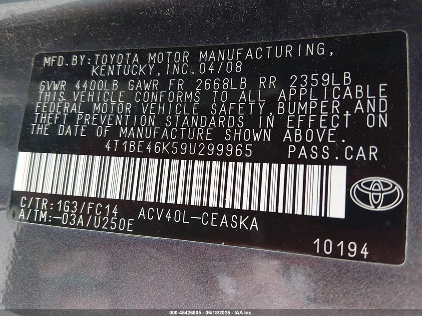 2009 Toyota Camry VIN 4T1BE46K59U299965 IAAI salvage auction — NORMAL WEAR, Clear (Missouri), sold $850 on 2026-07-18 (photo 9)