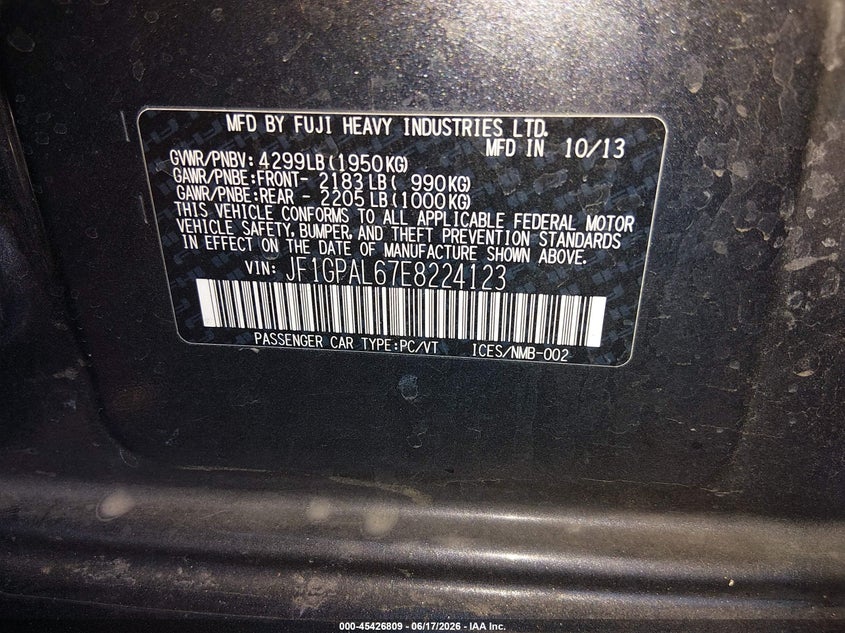 2014 Subaru Impreza VIN JF1GPAL67E8224123 IAAI salvage auction — NORMAL WEAR, Restored (Arizona), sold $300 on 2026-07-28 (photo 9)