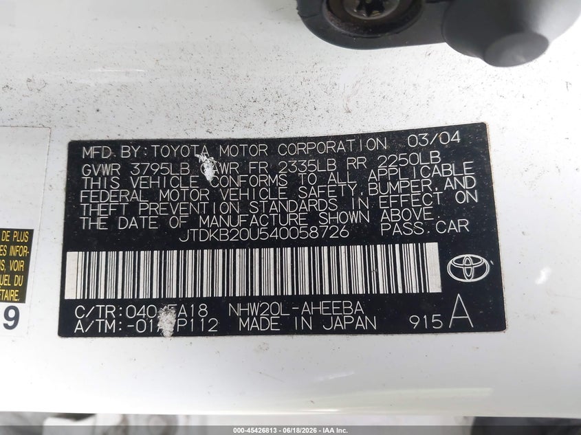 2004 Toyota Prius VIN JTDKB20U540058726 IAAI salvage auction — NORMAL WEAR, Clear - Dealer Only (California), sold $675 on 2026-07-20 (photo 9)