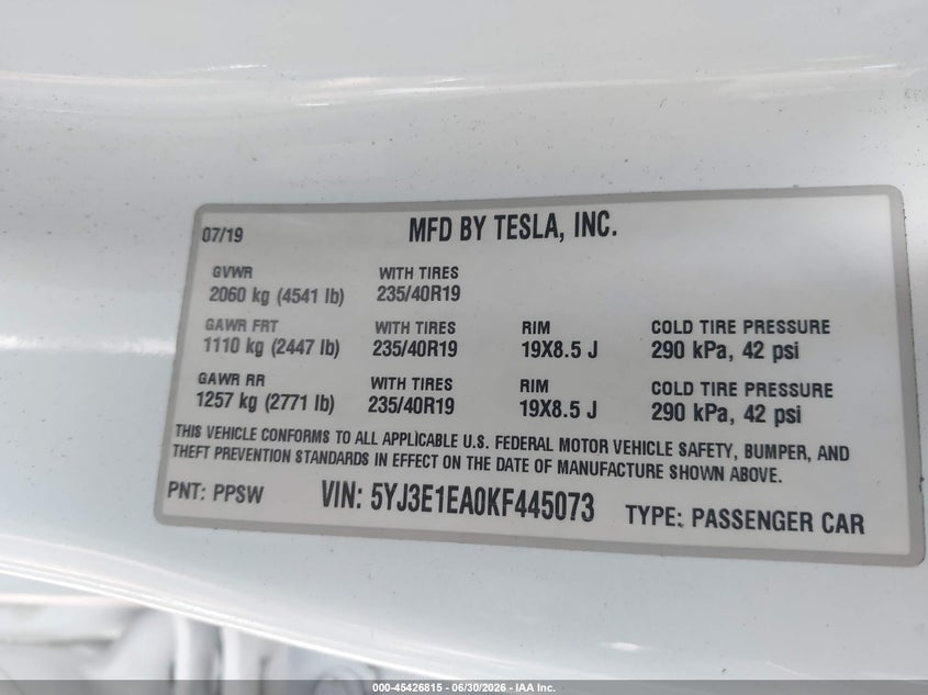 2019 Tesla Model 3 VIN 5YJ3E1EA0KF445073 IAAI salvage auction — FRONT END, Salvage Title, sold $1,550 on 2026-07-16 (photo 9)