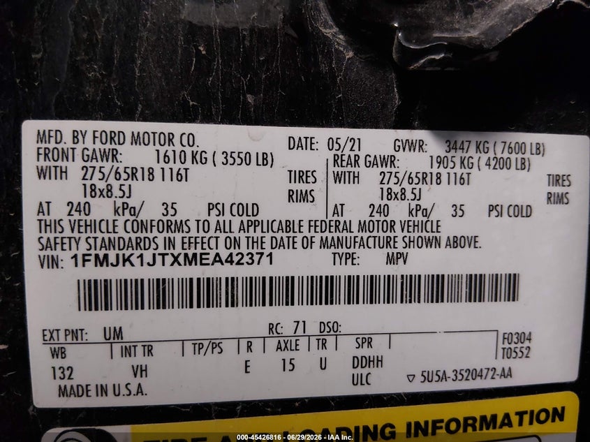 2021 Ford Expedition VIN 1FMJK1JTXMEA42371 IAAI salvage auction — HAIL, Salvage (Iowa), sold $11,700 on 2026-07-28 (photo 9)