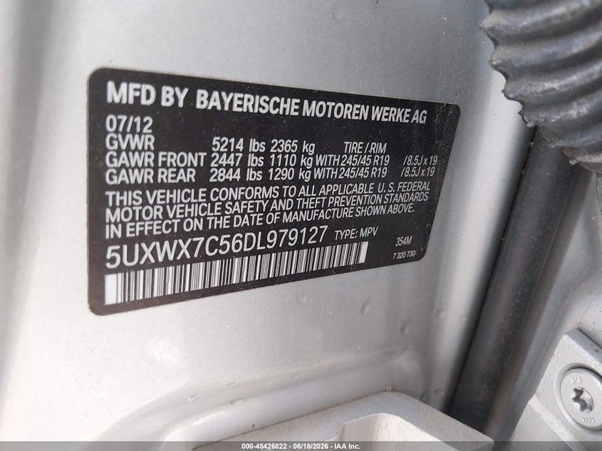 2013 BMW X3 VIN 5UXWX7C56DL979127 IAAI salvage auction — NORMAL WEAR, Original (Ohio), sold $1,300 on 2026-07-16 (photo 9)