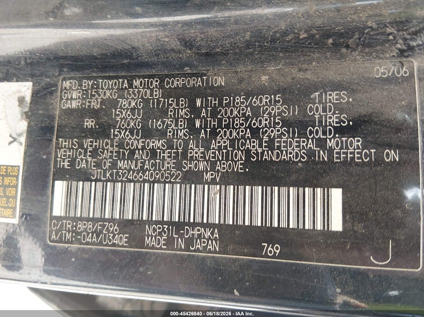 2006 Scion Xb VIN JTLKT324664090522 IAAI salvage auction — NORMAL WEAR, Clear (New Mexico), sold $275 on 2026-07-29 (photo 9)
