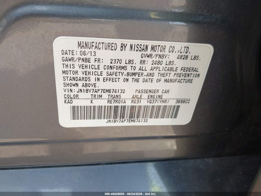 2014 Infiniti Q50 VIN JN1BV7AP7EM674132 IAAI salvage auction — UNKNOWN, Salvage Title, sold $1,050 on 2026-08-03 (photo 9)