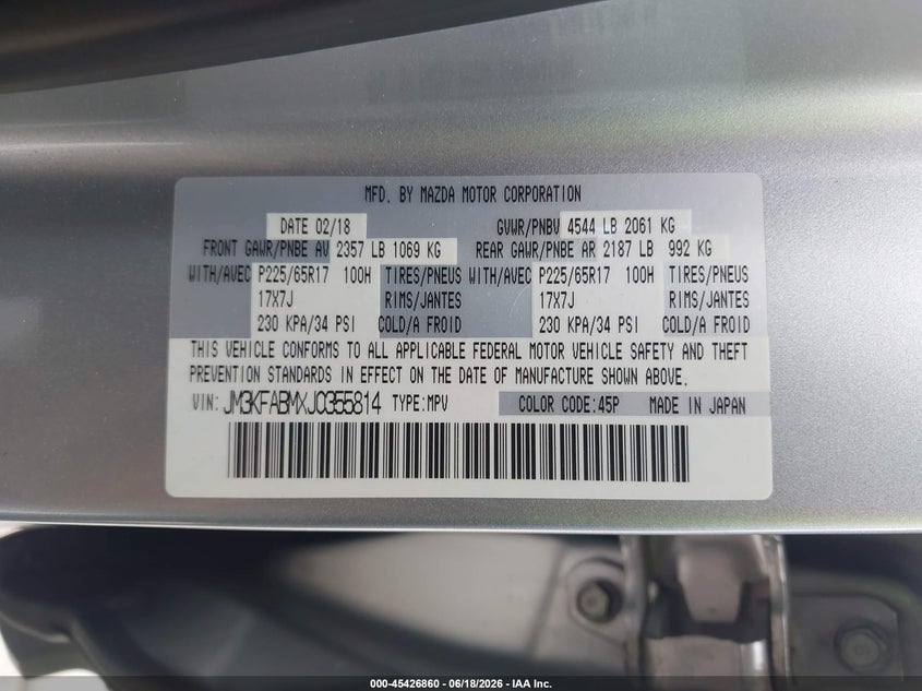 2018 Mazda Cx-5 VIN JM3KFABMXJ0355814 IAAI salvage auction — FRONT END, Salvage Title, sold $3,250 on 2026-07-22 (photo 9)