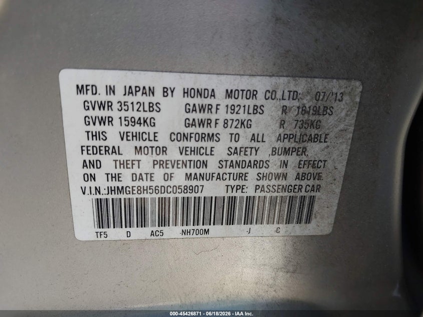 2013 Honda Fit VIN JHMGE8H56DC058907 IAAI salvage auction — SIDE, Bill Of Sale (Washington), sold $1,575 on 2026-07-14 (photo 9)