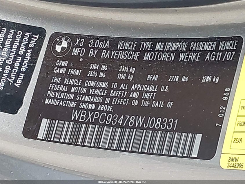 2008 BMW X3 VIN WBXPC93478WJ08331 IAAI salvage auction — FRONT & REAR, Mv-907A (New York), sold $500 on 2026-07-14 (photo 9)