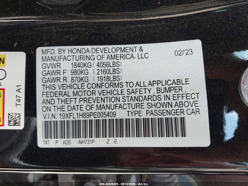 2023 Honda Civic VIN 19XFL1H89PE005409 IAAI salvage auction — LEFT FRONT, Original (Texas), sold $7,600 on 2026-07-31 (photo 9)
