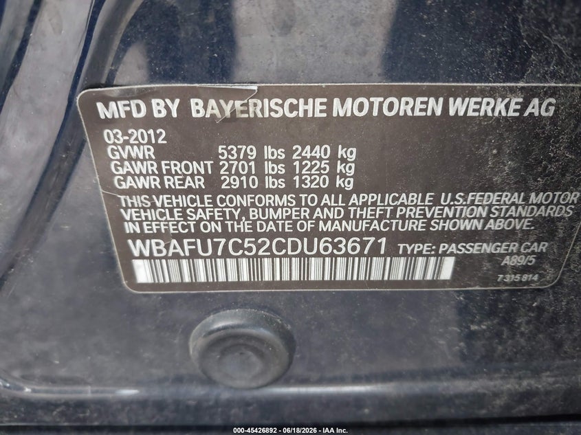 2012 BMW 5er VIN WBAFU7C52CDU63671 IAAI salvage auction — REAR END, Salvage Title, sold $775 on 2026-07-21 (photo 9)