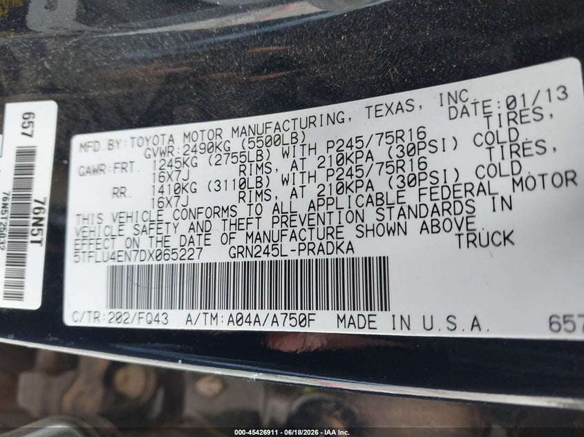 2013 Toyota Tacoma VIN 5TFLU4EN7DX065227 IAAI salvage auction — NORMAL WEAR, Repossession Paperwork (Georgia), sold $5,600 on 2026-07-20 (photo 9)