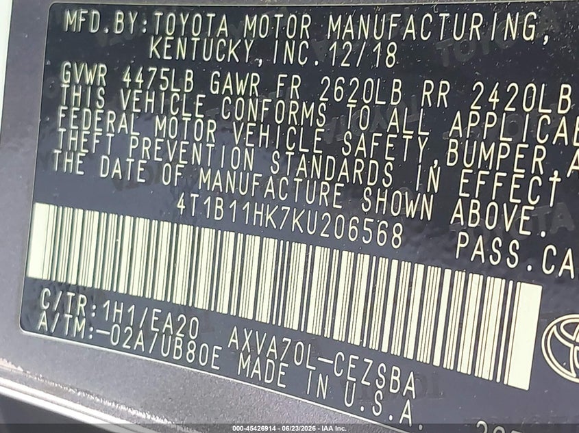 2019 Toyota Camry VIN 4T1B11HK7KU206568 IAAI salvage auction — FRONT END, Salvage (Texas), sold $4,850 on 2026-07-10 (photo 9)