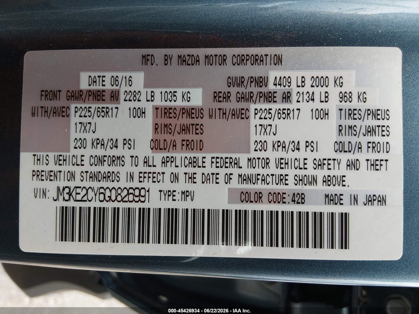 2016 Mazda Cx-5 VIN JM3KE2CY6G0826991 IAAI salvage auction — FRONT END, Salvage (Kansas), sold $2,500 on 2026-07-23 (photo 9)