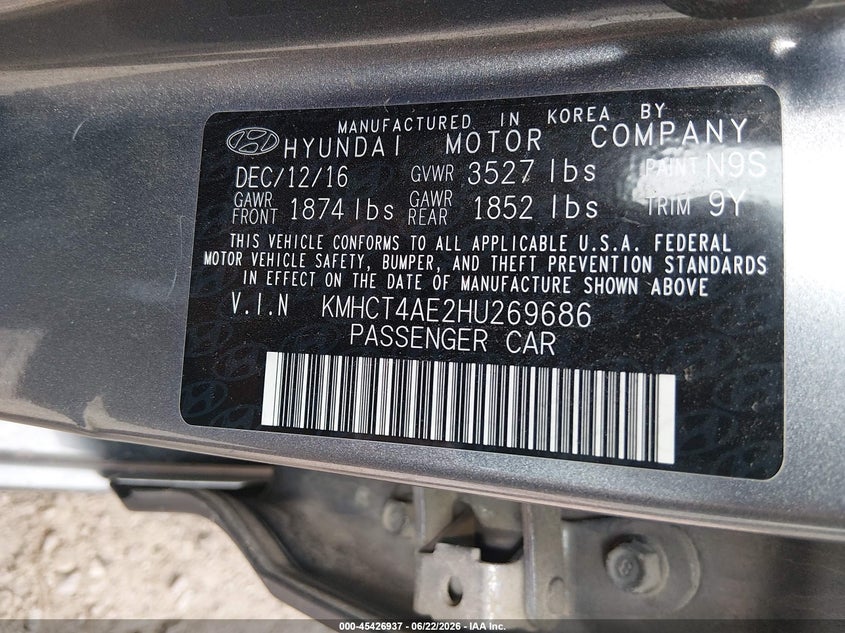 2017 Hyundai Accent VIN KMHCT4AE2HU269686 IAAI salvage auction — LEFT FRONT, Salvage Title, sold $825 on 2026-07-15 (photo 9)