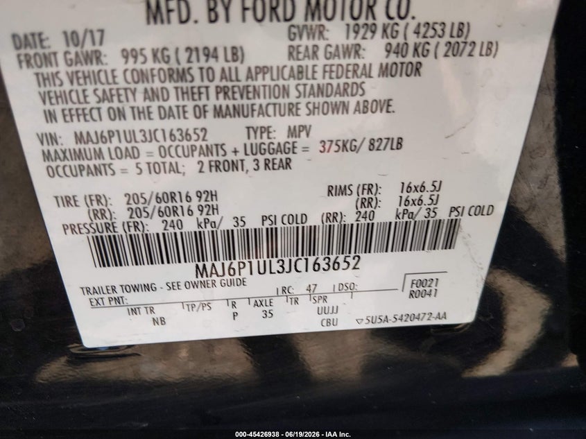 2018 Ford Ecosport VIN MAJ6P1UL3JC163652 IAAI salvage auction — FRONT END, Salvage (Ohio), sold $1,350 on 2026-07-15 (photo 9)