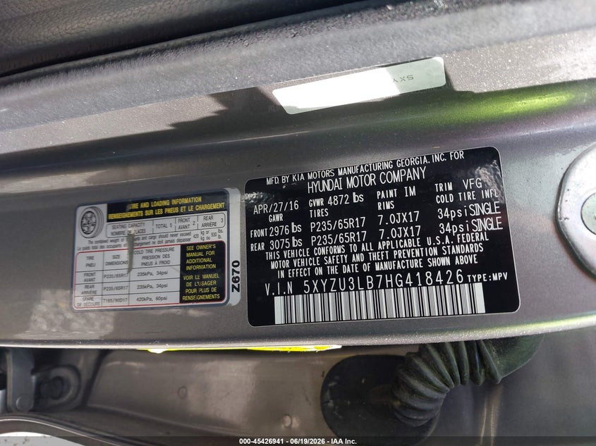 2017 Hyundai Santa fe VIN 5XYZU3LB7HG418426 IAAI salvage auction — FRONT END, Salvage (South Carolina), sold $1,500 on 2026-07-29 (photo 9)