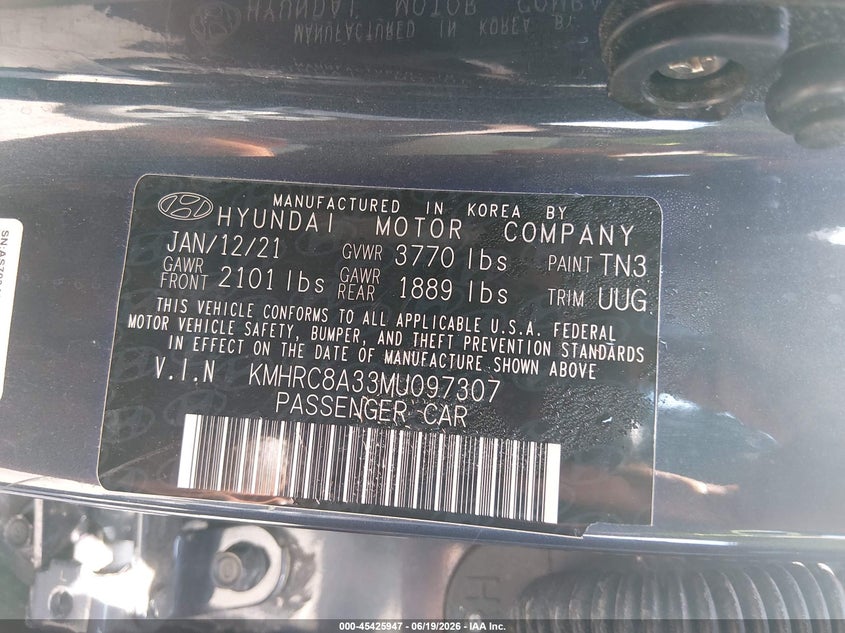 2021 Hyundai Venue VIN KMHRC8A33MU097307 IAAI salvage auction — FRONT END, Salvage Title, sold $2,775 on 2026-07-27 (photo 9)