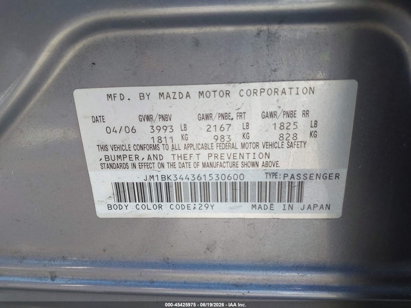 2006 Mazda 3 VIN JM1BK344361530600 IAAI salvage auction — REAR END, Salvage (California), sold $450 on 2026-07-06 (photo 9)