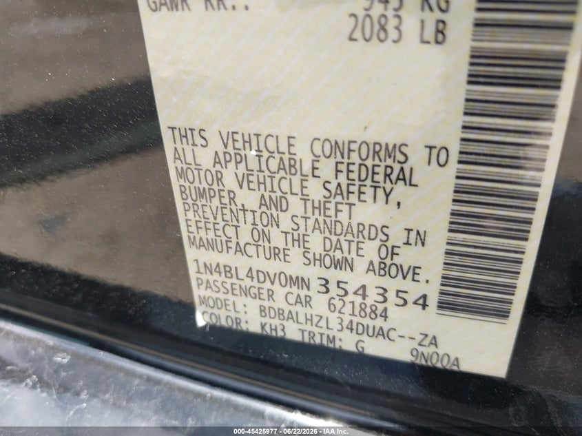 2021 Nissan Altima VIN 1N4BL4DV0MN354354 IAAI salvage auction — FRONT END, Salvage (Texas), sold $2,150 on 2026-07-10 (photo 9)
