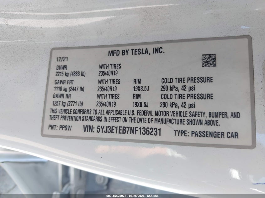 2022 Tesla Model 3 VIN 5YJ3E1EB7NF136231 IAAI salvage auction — REAR END, Salvage (California), sold $9,400 on 2026-07-15 (photo 9)