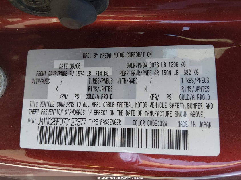 2007 Mazda Mx-5 VIN JM1NC25F070127377 IAAI salvage auction — LEFT SIDE, Clear (Arizona), sold $1,150 on 2026-07-31 (photo 9)