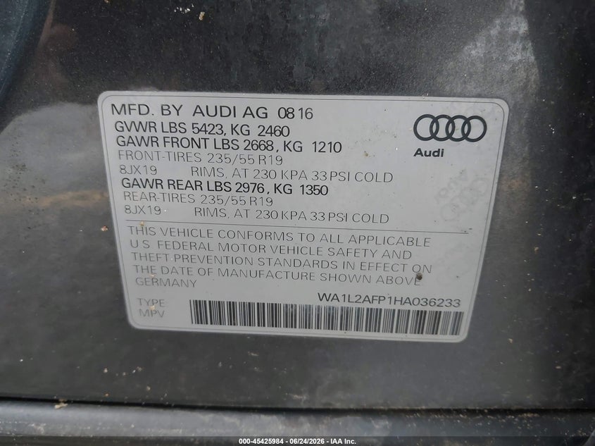 2017 Audi Q5 VIN WA1L2AFP1HA036233 IAAI salvage auction — ALL OVER, Salvage Title, sold $525 on 2026-07-27 (photo 9)
