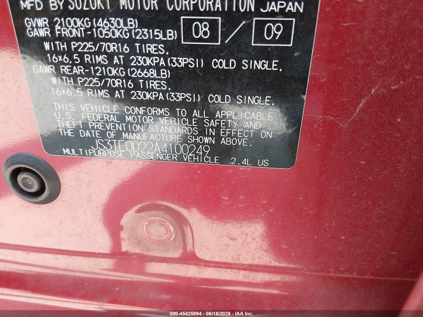 2010 Suzuki Grand vitara VIN JS3TE0D22A4100249 IAAI salvage auction — NORMAL WEAR, Original (Texas), sold $1,200 on 2026-07-13 (photo 9)