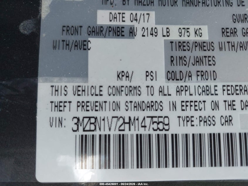 2017 Mazda 3 VIN 3MZBN1V72HM147559 IAAI salvage auction — FRONT END, Salvage (Virginia), sold $2,550 on 2026-07-10 (photo 9)